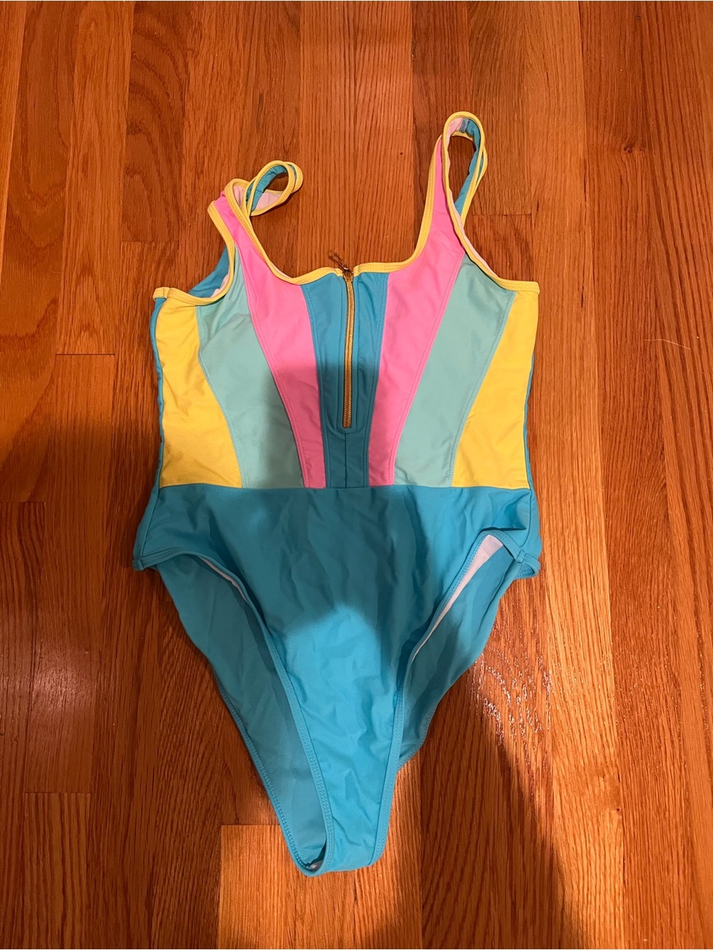 Colorblock Front-Zip One-Piece Swimsuit - Teal, Pink & Yellow